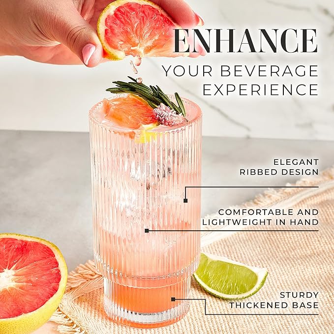 Kitchen Lux Ribbed Drinking Glasses - Ribbed Glass Cups 12 oz - Ribbed Glassware Set of 6 - Textured Vintage Retro Ripple Aesthetic Glass Ware for Whiskey Cocktail Beer Water, Coffee Bar Accessories