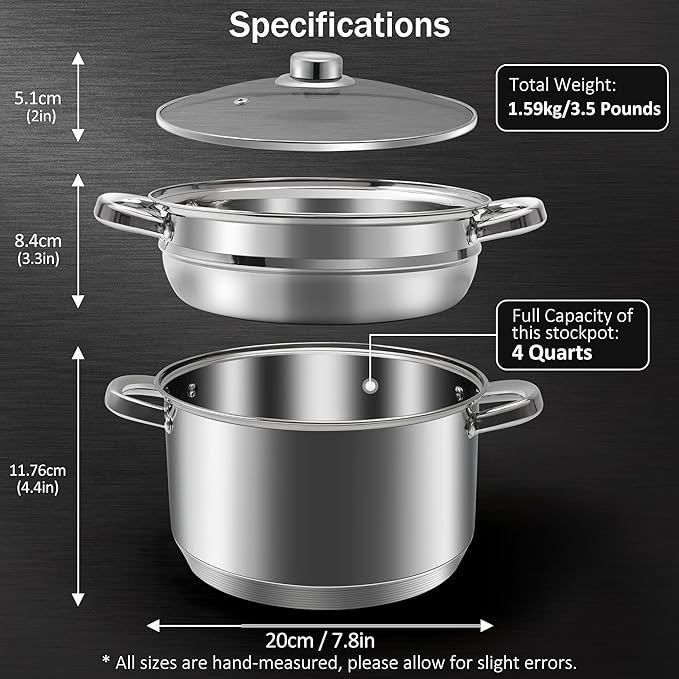 4 QT Stainless Steel Cookware Set, 3-Piece Multipurpose Stock Pot with Steamer Pot and Tempered Glass Lid, Stainless Steel Handle, Work with Gas Electric Induction Stove