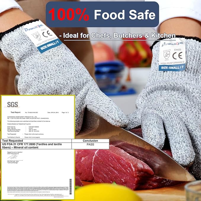 Dowellife Cut Resistant Gloves Food Grade Level 5 Protection, Safety Kitchen Cuts Gloves for Oyster Shucking, Fish Fillet Processing, Mandolin Slicing, Meat Cutting and Wood Carving. (Medium-12 Pairs)
