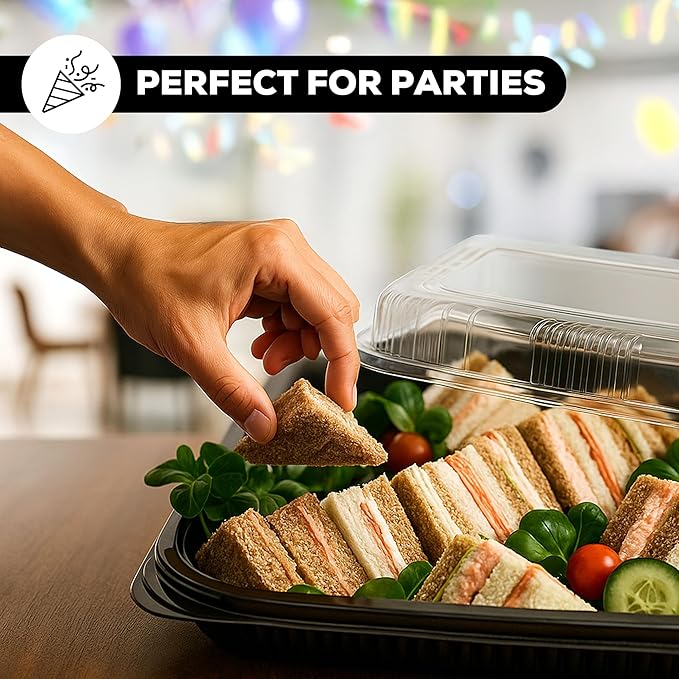 5 Pack Catering Trays with Lids – 15" Serving Tray with Lid, Heavy Duty Recyclable Plastic Party Platters for Catering, Buffet, Picnics & Events – Food Trays with Clear Lid (15.35 × 11.42 × 2.95 inch)