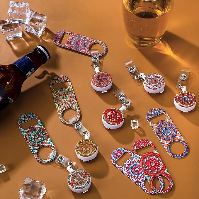 Irenare 6 Pcs Flat Bottle Openers Retractable Bar Keys for Bartenders Stainless Steel Beer Bottle Opener with Belt Clip and Round Badge Reel Bartender Gifts for Women Men(Mandala Style)