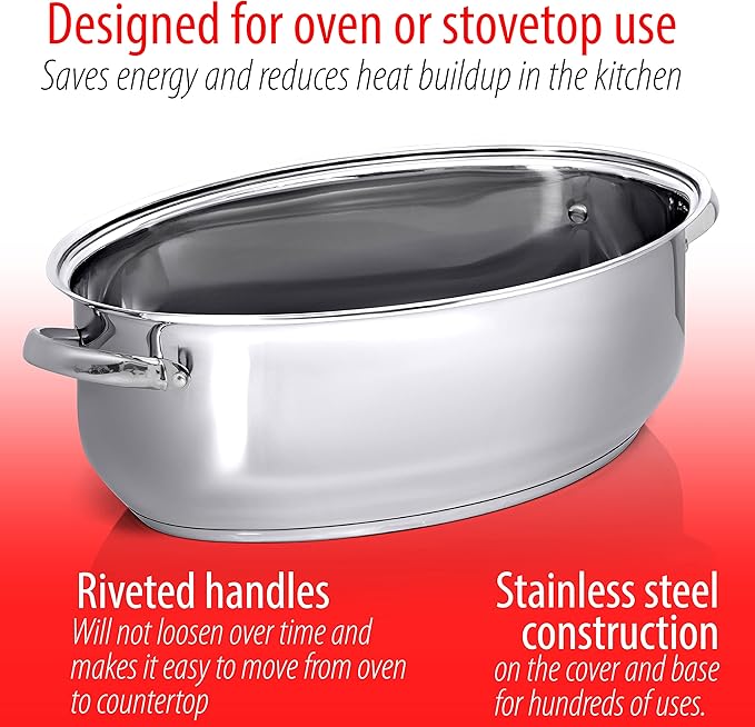 Precise Heat Roasting Pan with Rack and Lid, T304 Stainless Steel Multi-Use Oval Dutch Oven, 18 Inch, 14 Quart