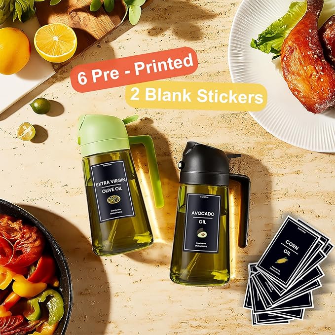 CXINYI - 16oz/470ml Olive Oil Dispenser for Kitchen with Stickers - 2 in 1 Olive Oil Sprayer for Cooking, Air Fryer, and Salad, 2 Black (Light-Proof Kitchen Gadget)