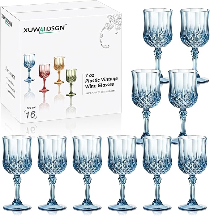 XUWAIDSGN 7oz Plastic Vintage Wine Glasses Drinking Glasses Unbreakable Wedding Glassware Crystal Water Goblets Reusable Drinkware Vintage Champagne Flutes(16, Blue)