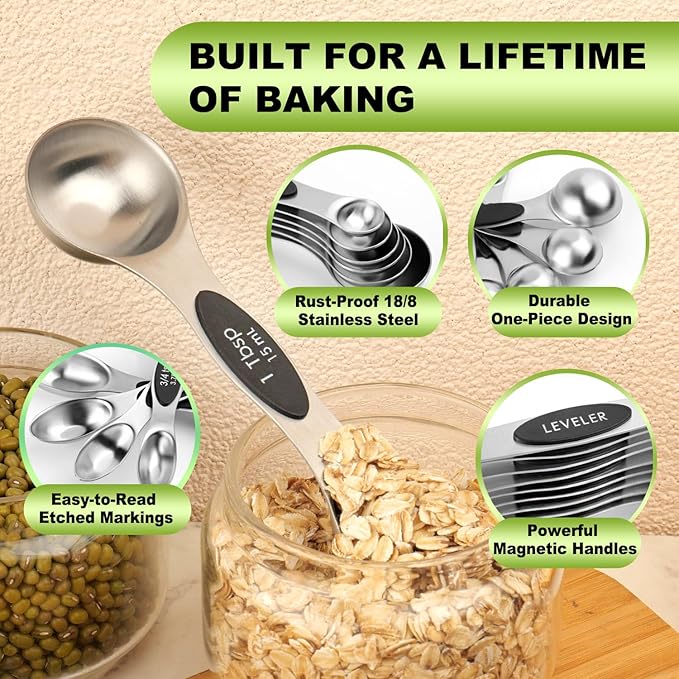 Magnetic Measuring Spoons Set Stainless Steel with Leveler, Dual-Sided Metal Measuring Spoons for Baking & Cooking, Fits in Spice Jars, Must-have Kitchen Gadgets, 8 Measuring Spoons & 1 Leveler, Black