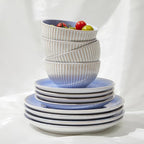 Pokini Ceramic Dinnerware Sets, Handmade Reactive Glaze Plates and Bowls Sets, Highly Chip and Crack Resistant Dish Set, Distinctive Granulated Surface Dishwasher & Microwave Safe Service for 4