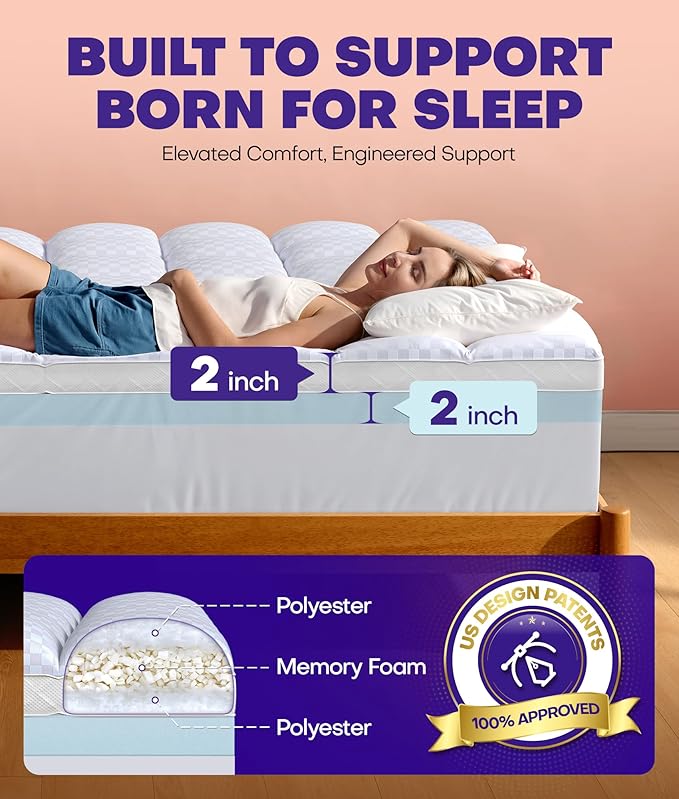 Dual Layer 4 Inch Memory Foam Mattress Topper for Pressure Relief with 4X Support, 2" Pillow Top Twin Mattress Topper 50% Viscose Made from Bamboo Plus 2" Cooling Gel Memory Foam Comfort Mattress Pad