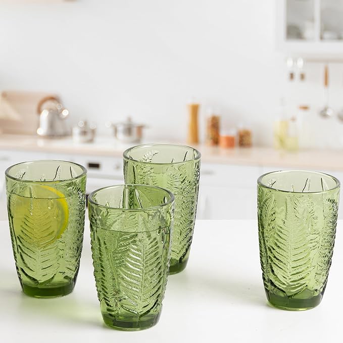 Fashionstorm Green Drinking Glasses Set of 6, Green Fern Glasses Cups 12 oz, Vintage Glassware Colored Glass Cups for Beverages Cocktail Juice Wine, Drinkware Gift Set Housewarming Gift