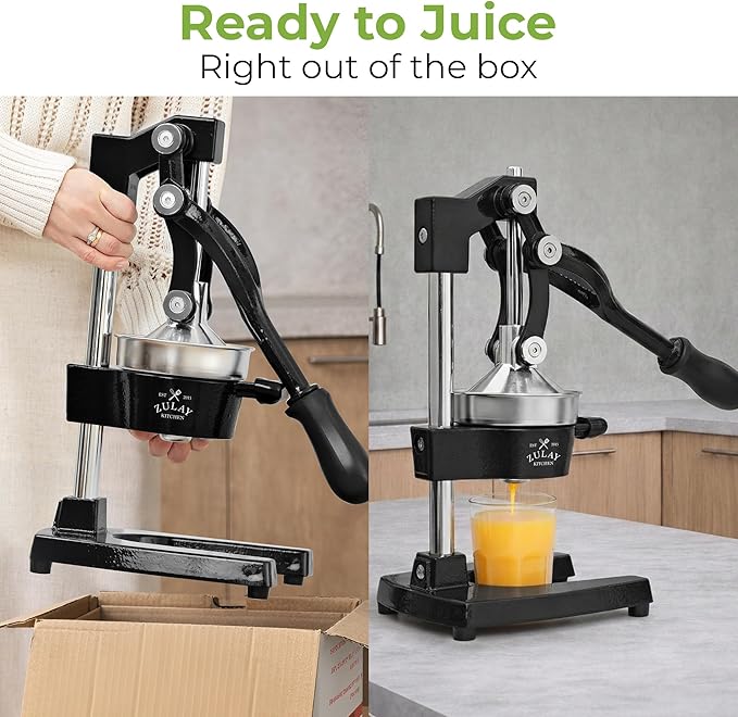 Zulay Kitchen Cast Iron Juicer - Easy-to-Clean Heavy-Duty Manual Juicer, Professional Citrus Juicer - Stainless Steel Lemon Squeezer - Manual Citrus Press & Orange Squeezer - Orange Juicer (Black)