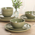 Gibson Home Rockaway 12 Piece Plates and Bowls Matte Outside/Shiny Inside Glaze Service for 4 Dinnerware Set - Green - Dishwasher and Microwave Safe