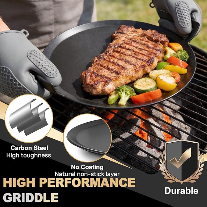 Universal 17" Round Carbon Steel Griddle for Grill Gas/Electric Stove Induction Cooktop and Oven, Thick Heavy-duty Carbon Steel, Vegetable Oil Pre-seasoned Nitrided Coating Process