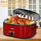 20Qt Roaster Oven Buffet with Self-Basting Lid, 1450W Stainless Steel Electric Turkey Roaster Oven with Cool-Touch Handles, Removable Pan and Rack, Red