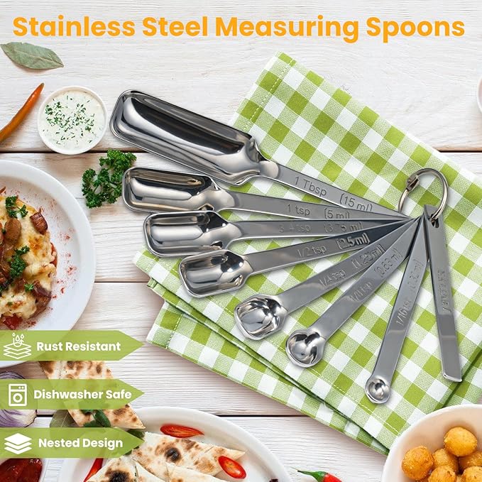 Stainless Steel Measuring Spoons Set of 13, Includes 7 Rectangular Measuring Spoons, 1 Leveler & 5 Tiny Spoons, Compact Spoons Design for Spice Jars, Ideal for Dry and Liquid Ingredients