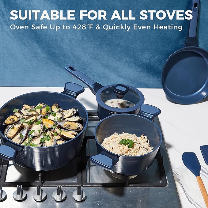 HONGBAKE Pots and Pans Set Nonstick, 26 Pcs All-in-One Kitchen Starter Set with Cookware, Bakeware & Silicone Utensils, Non Toxic Ceramic Coating, Induction & Oven Safe, PFOA PFOS Free, Blue