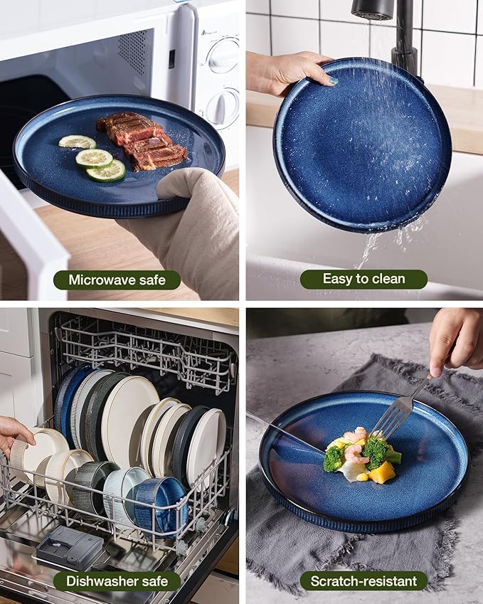Famiware Star 24-Piece Plates and Bowls Set with Trim, Service for 8 - Stoneware Reactive Glaze Dinnerware, High Edge Ribbed Dishes, Chip & Scratch Resistant, Microwave & Dishwasher Safe, Nebulas Blue