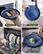 Famiware Star 24-Piece Plates and Bowls Set with Trim, Service for 8 - Stoneware Reactive Glaze Dinnerware, High Edge Ribbed Dishes, Chip & Scratch Resistant, Microwave & Dishwasher Safe, Nebulas Blue