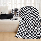 HunnmingRe 5 Pcs Travel Pillow and Blanket Set, 5 in 1 Travel Airplane Compact Includes 40 x 60 Inch Throw Blanket Eye Mask Neck Pillow Earplug and Bag Gifts for Travelers Women(Checkered,Black)