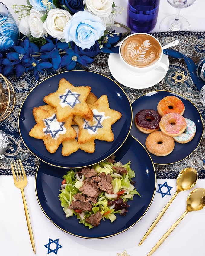 PULOTE 200 Pieces Blue Plastic Plates - Navy Blue and Gold Disposable - Include 100PCS 10 inch Dinner & 100PCS 7 inch Dessert Plate for Party & Hanukkah