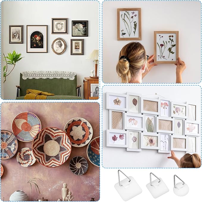 Grevosea 12 Pcs Wall Plate Hangers, Adhesive Picture Hangers Frame Hangers Without Nails Picture Hanging Hooks Plate Holders for Displaying Decorative Plates and Wall Art (Round, Square)