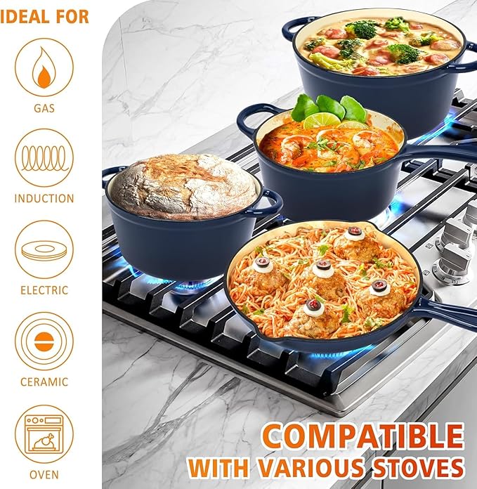 Hisencn Enameled Cast Iron Cookware Set - 7 Piece Dutch Ovens Set, Sauce Pan, Skillet, 3 Lids, Pots and Pans Set, Ceramic Coated Cast Iron, Heavy Duty, Gas/Induction Compatible, PFA Free