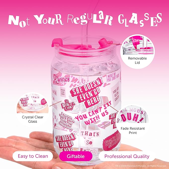 Dragon Glassware x Mean Girls - 16 oz Glass Cups with Lids and Straws, Set of 2 - Iced Coffee Cups with Lids - Versatile Glass Tumbler with Straw and Lid - That's So Fetch & Movie Quotes