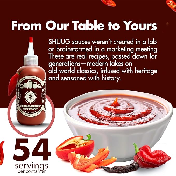 SHUUG Harissa Sauce (9oz) | Hot & Spicy Red Pepper Flavor | Middle Eastern Harissa Paste Sauce with Dried Chilis, Lemon & Garlic | Vegan, Non-GMO, Kosher | Flavor Cooking, Dipping & Marinades | 9oz