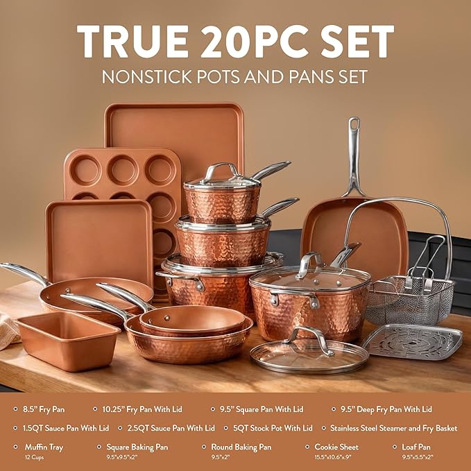 Gotham Steel Hammered 20 Pc Ceramic Cookware Set Nonstick, True Ceramic Pots and Pans Set Non Stick with Deep Square Pan Set & Bakeware Set, Non Toxic PFOA PFOS Free, Oven & Dishwasher Safe