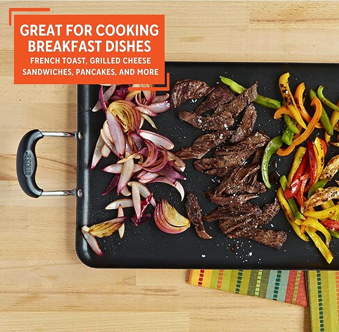 IMUSA 19x12in Aluminum Black Ceramic Double Burner Griddle with Cool-Touch Handles, Nonstick Flat Grill Pan for Pancakes, Eggs, Bacon, and More, Black