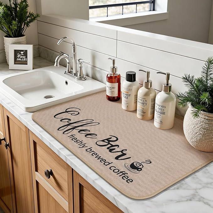 Findosom Dish Drying Mat, 17"x 32" Super Absorbent & Hide Stain Coffee Mat, Cuttable Drying Mat for Kitchen Counter, Coffee Bar Accessories, Under Dish Rack, Coffee Maker, Espresso Machine, Linen