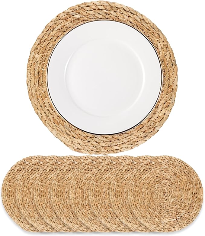 Round Woven Placemats - Boho Rattan Placemat Natural Water Hyacinth Placemats, Farmhouse Weave Place Mats, Rustic Braided Wicker Table Mats for Dining Table,Home,Wedding (13.5 inch Set of 8)