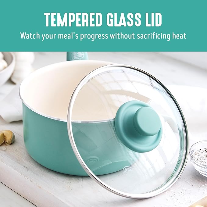 GreenLife 2.5QT Nonstick Saucepan with Glass Lid, Soft Grip, PFAS-Free Ceramic, Multipurpose Chef Pan, Milk & Sauce Cooking Pot, Dishwasher & Oven Safe to 350˚F, Stay-Cool Handle, Turquoise