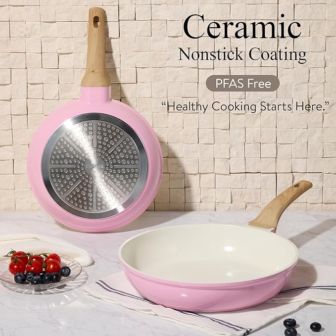 CAROTE Ceramic Cookware Set, 14 PCS Pots and Pans Set Non Stick, Pot and Pan Set with Frying pan, Induction Ready Cooking Set for Kitchen, PFOS/PFOA/PFAS Free, Pink