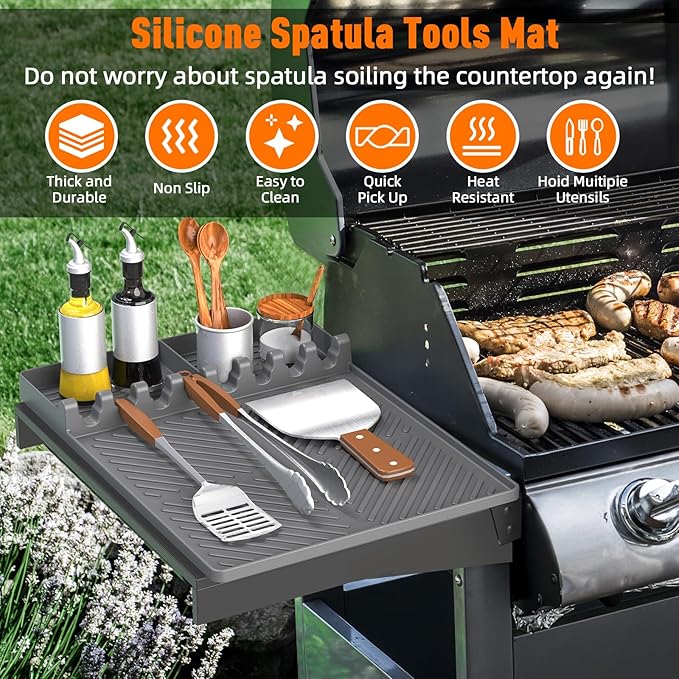 Silicone Grill Mat Compatible with Blackstone, Silicone Griddle Tools Mat with Drip Pad, Spatula Mat for Outdoor Grill Kitchen Counter (Grey)