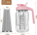 Cold Brew Coffee Maker,32 oz Mason Jar Pitcher with Stainless Steel Filter, Pour Spout Handle Lid, Heavy Duty Glass Airtight & Leak-Proof for Iced Coffee Tea Breastmilk Lemonade-Pink