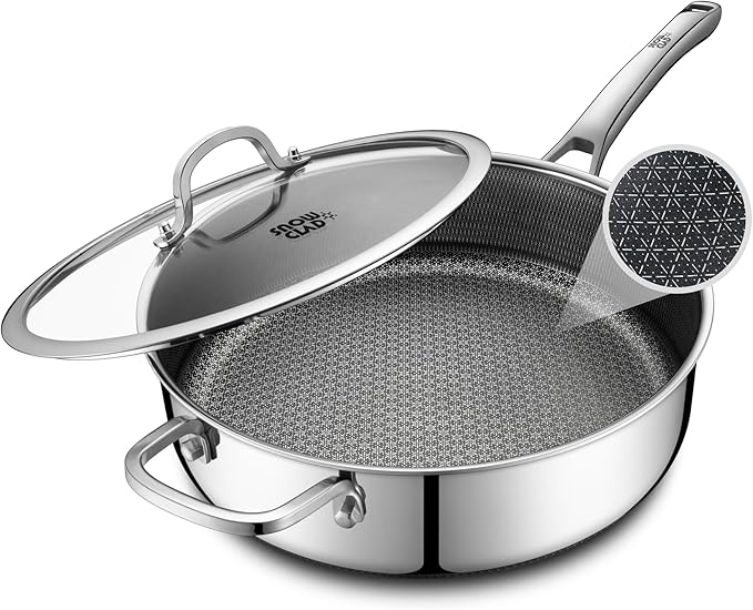 Frying Pans Nonstick with Lid,Hybrid Non Stick 6.5 Quart Saute Braiser pan,PFOA Free Cookware,12.5 inch Stainless Steel skillet, Dishwasher and Oven Safe,Works on Induction,Ceramic and Gas Cooktops