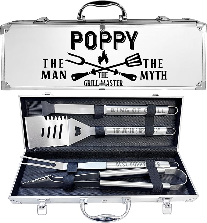 Poppy Gifts, Christmas Poppy Gifts for Grandpa from Grandkids Heavy Duty Grilling Accessories Kit for Backyard BBQ, Thick Stainless Steel Grill Utensils with Non-Slip Handle Tool for Man on Birthday