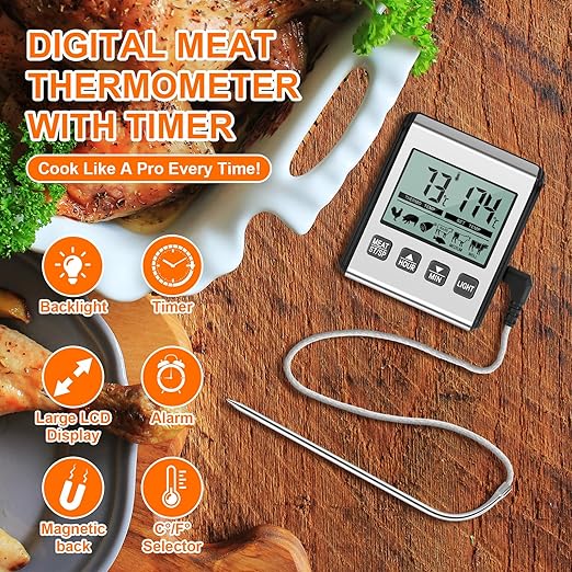 Relaxweex 2 Pcs TP710 Digital Cooking Meat Thermometer, Large LCD Backlight Food Thermometer with Stainless Steel Probe and Timer for Kitchen Oven BBQ Grilling Deep Fry Smoker