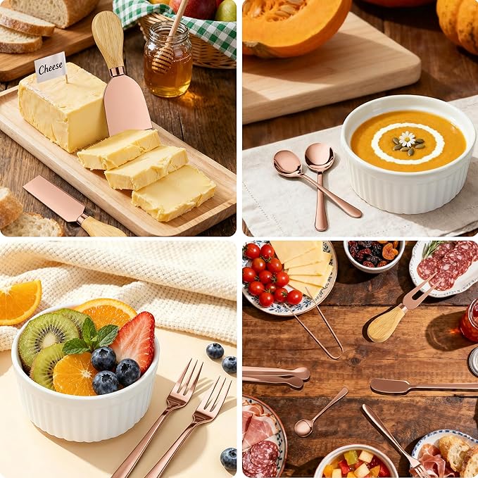 Charcuterie Boards Accessories Bowls with Lids, Cheese Butter Spreader Knife Set Mini Serving Tongs, Forks, Spoons,Dipping Bowls, Toothpick Flags, Honey Dippers For Party Platter Making (Rose Gold)
