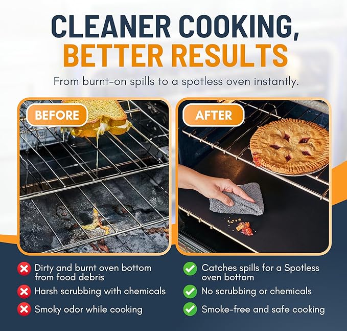 Oven Liners for Bottom of Oven - 4 Pack Large Heavy Duty Mats, 17”x25” Non-Stick Reusable Liner for Electric, Gas, Toasters, Grills - BPA & PFOA Free Kitchen Accessory to Keep It Clean (Black)