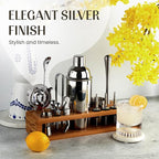 Modern Mixology 21-Piece Cocktail Shaker Set with Stand | Complete Cocktail Kit Gift Set | Top Bartender Gifts for Men & Women | Portable Bar Tools (Silver, Brown Stand)