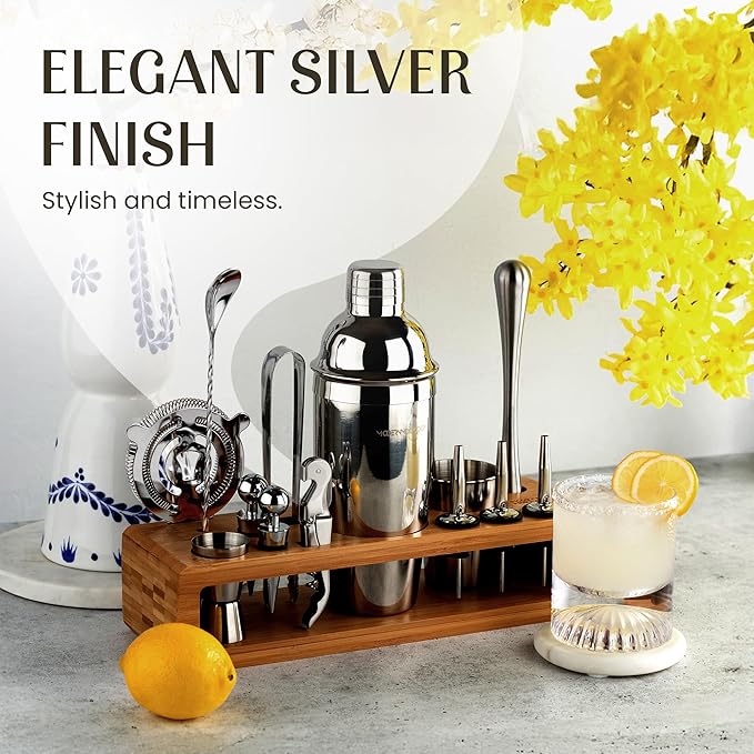Modern Mixology 21-Piece Cocktail Shaker Set with Stand | Complete Cocktail Kit Gift Set | Top Bartender Gifts for Men & Women | Portable Bar Tools (Silver, Brown Stand)