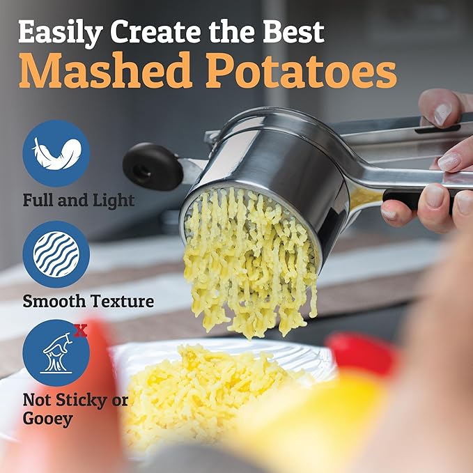PriorityChef Large 15oz Potato Ricer With 3 Discs, Heavy Duty Stainless Steel Potato Ricer for Mashed Potatoes, Potato Masher, Press and Ricer Kitchen Tool, Black