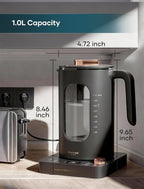 INTASTING Electric Tea Kettle, Electric Kettle with Tea Infuser, ±1℉ Knob Temperature Control, BPA-Free Glass, 1200W Fast Heating, Easy to Clean, 1 Liter (Dark Gray)