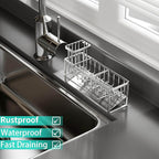 HapiRm Sponge Holder for Kitchen Sink - Self-draining Sink Caddy with Brush and Dishcloth Holders with Sloping Drainage - Silver