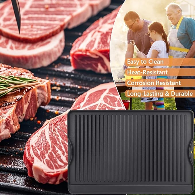 Cast Iron Griddle for Gas Grill, 16" x 24" Reversible Pre-Seasoned Large Flat Top Griddle Plate for Camp Chef etc., Stovetop/Electric/Propane/Charcoal, Outdoor Cooking Oblong Grilling Pan for Camping