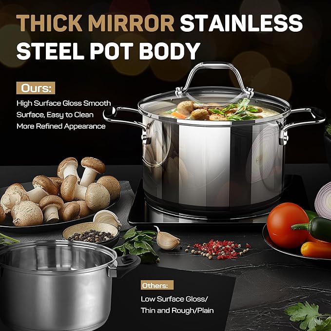 Ciwete 11-Piece Tri-Ply Stainless Steel Pots and Pans Set, 18/10 Stainless Steel Cookware Set with Steamer Insert, Induction Kitchen Cookware Sets with Cool Ergonomic Handles, Dishwasher, Oven Safe