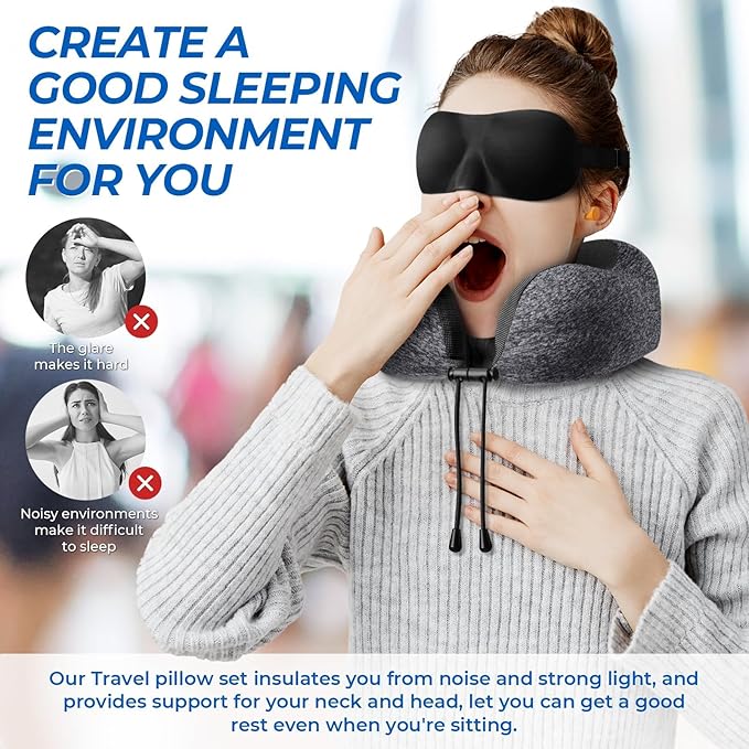 ExploreBliss Travel Pillow, 2 Pack Travel Pillows for Sleeping Airplane, Removable Cover Neck Pillow with Adjustable Clasp, Memory Foam Neck Pillow Set (Dark Grey*2)