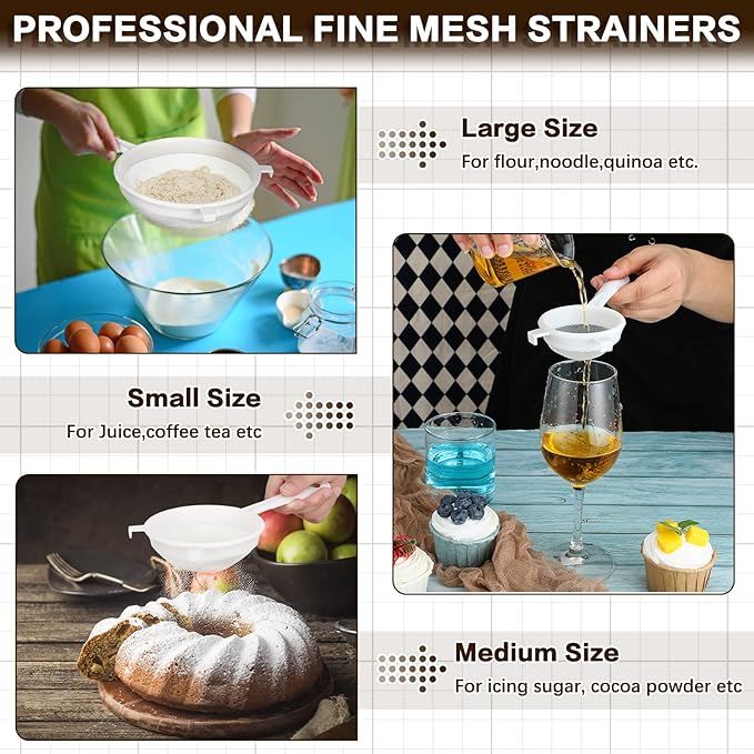 3 Pcs Plastic Nylon Mesh Strainer Colander with Handle Double Ear Fine Food Mesh Strainer Flour Sifter for Baking Kitchen Colander Sifter Kefir Tea Juice Pasta(3 Inch, 5 Inch, 7 Inch)