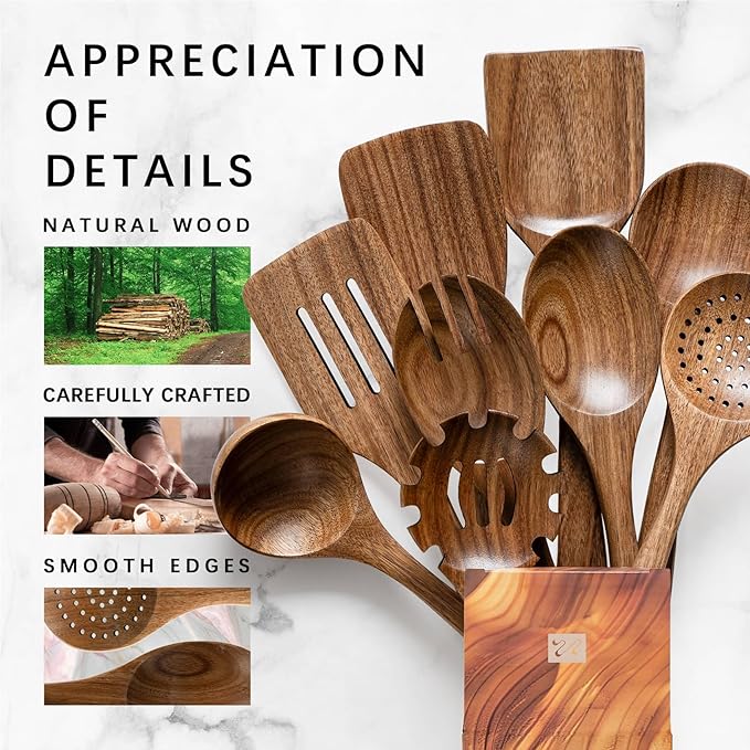 Wooden Spoons for Cooking, Nonstick Cooking Utensil Set with 9 Piece Acacia Wooden Spatulas and Spoons for Cooking, Terrific for Everyday Kitchen Tasks