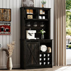4ever2buy Farmhouse Coffee Bar Cabinet with Sliding Barn Door, 72" Hutch Coffee Bar with Storage, Large Kitchen Buffet Cabinet with Hutch, Tall Bar Cabinet Table for Living Dining Room, Oak